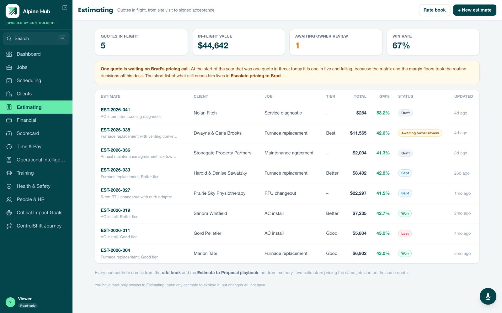 Estimating module showing quotes priced from a documented rate book and the estimate to proposal process