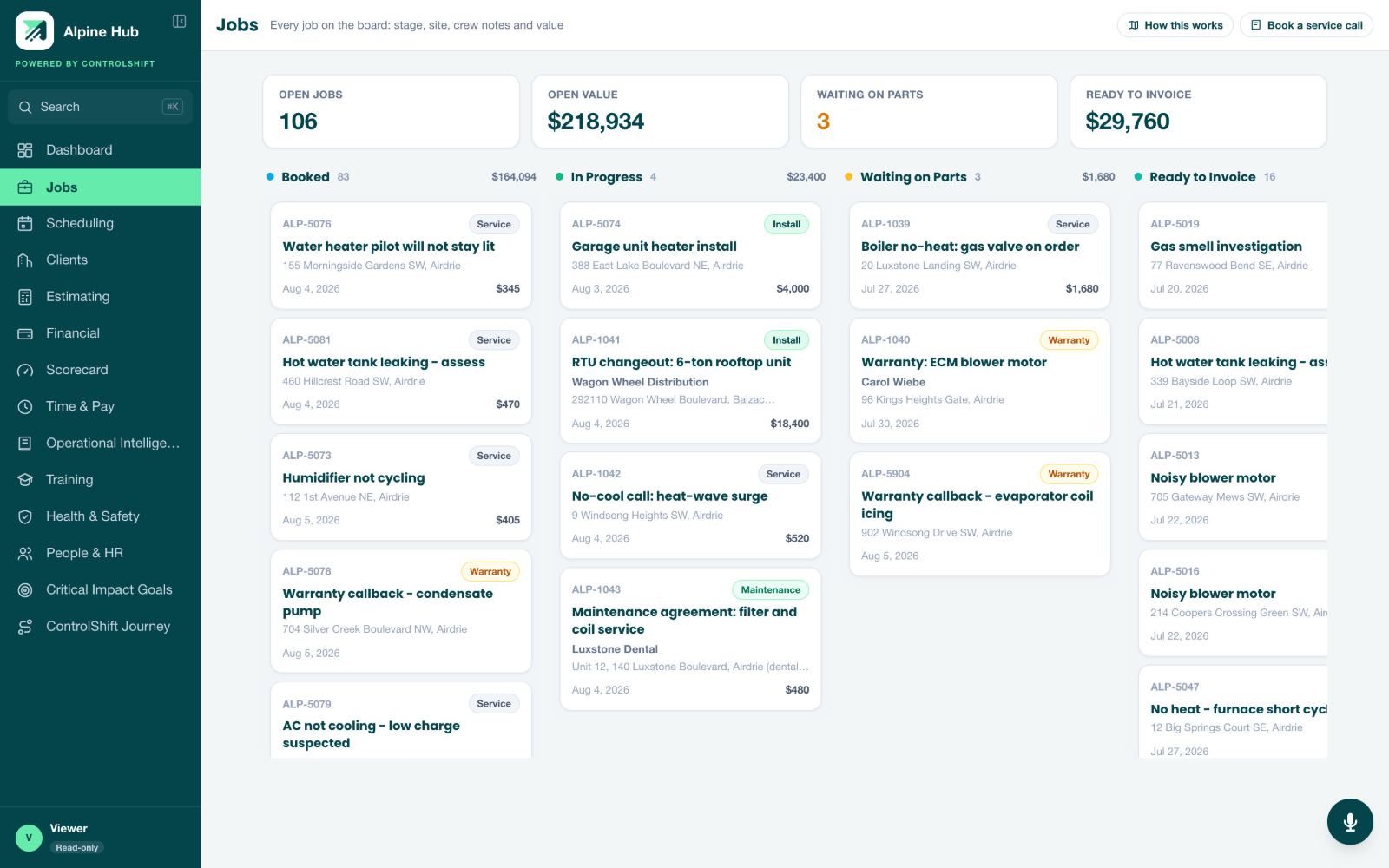 Jobs module showing a live board of service calls and warranty callbacks by status