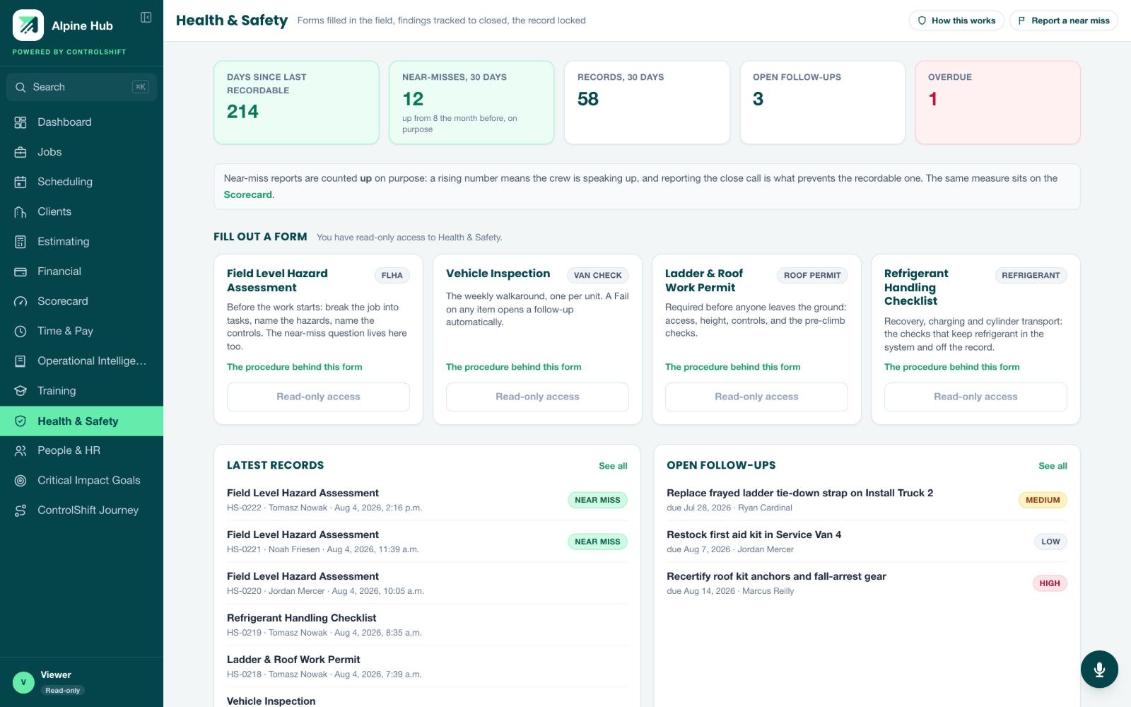 Health and Safety module with hazard assessment forms, vehicle inspections, permits, latest records, open follow-ups and toolbox talks