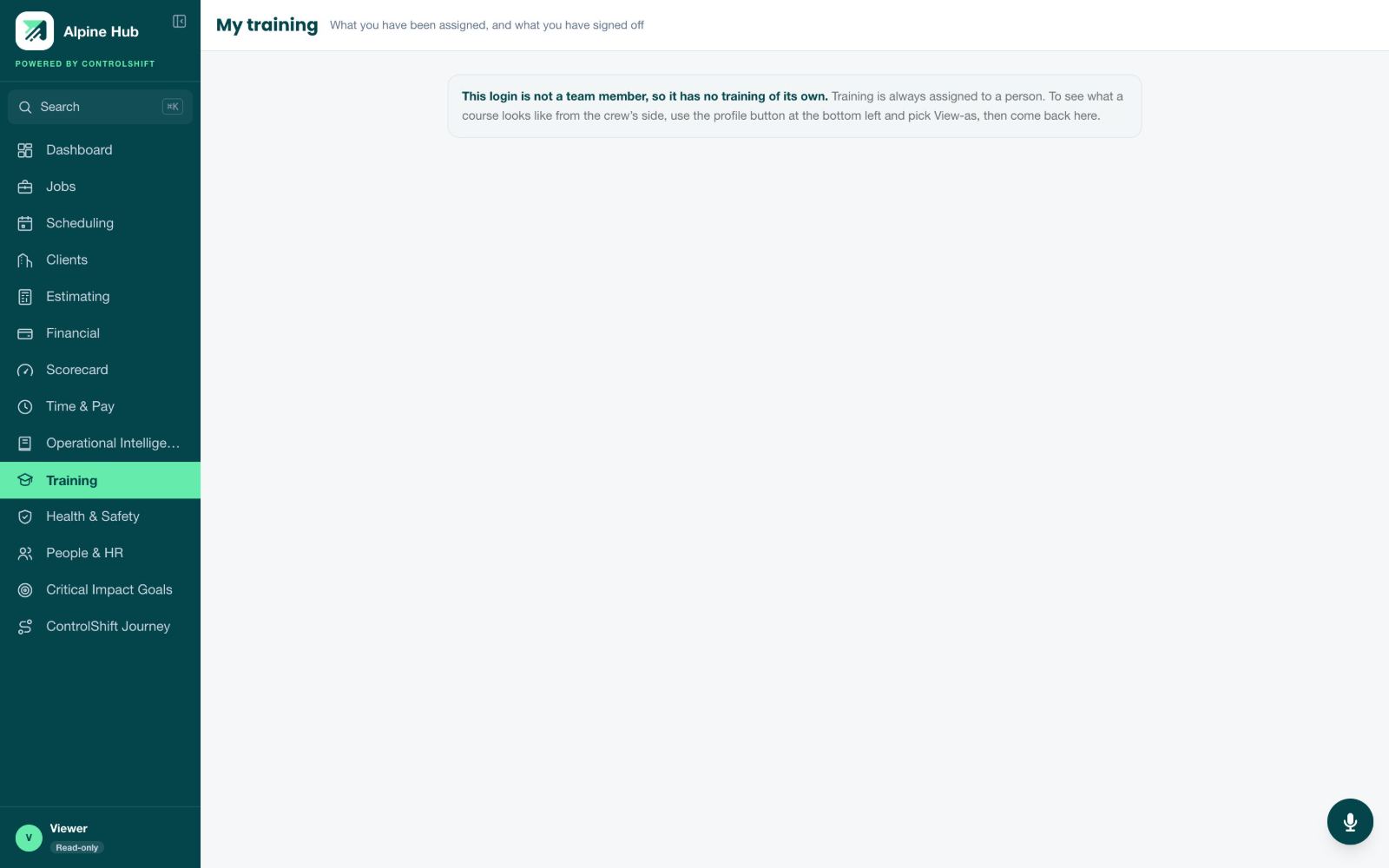 Training module showing assigned courses built from the codified pages with completion tracking